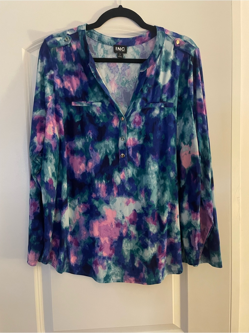 INC International Concepts Blue, Pink & Teal Watercolor Blouse